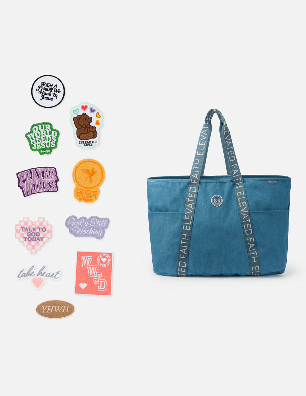 Large Everyday Denim Tote with iron-on faith-inspired patches and multiple pockets
