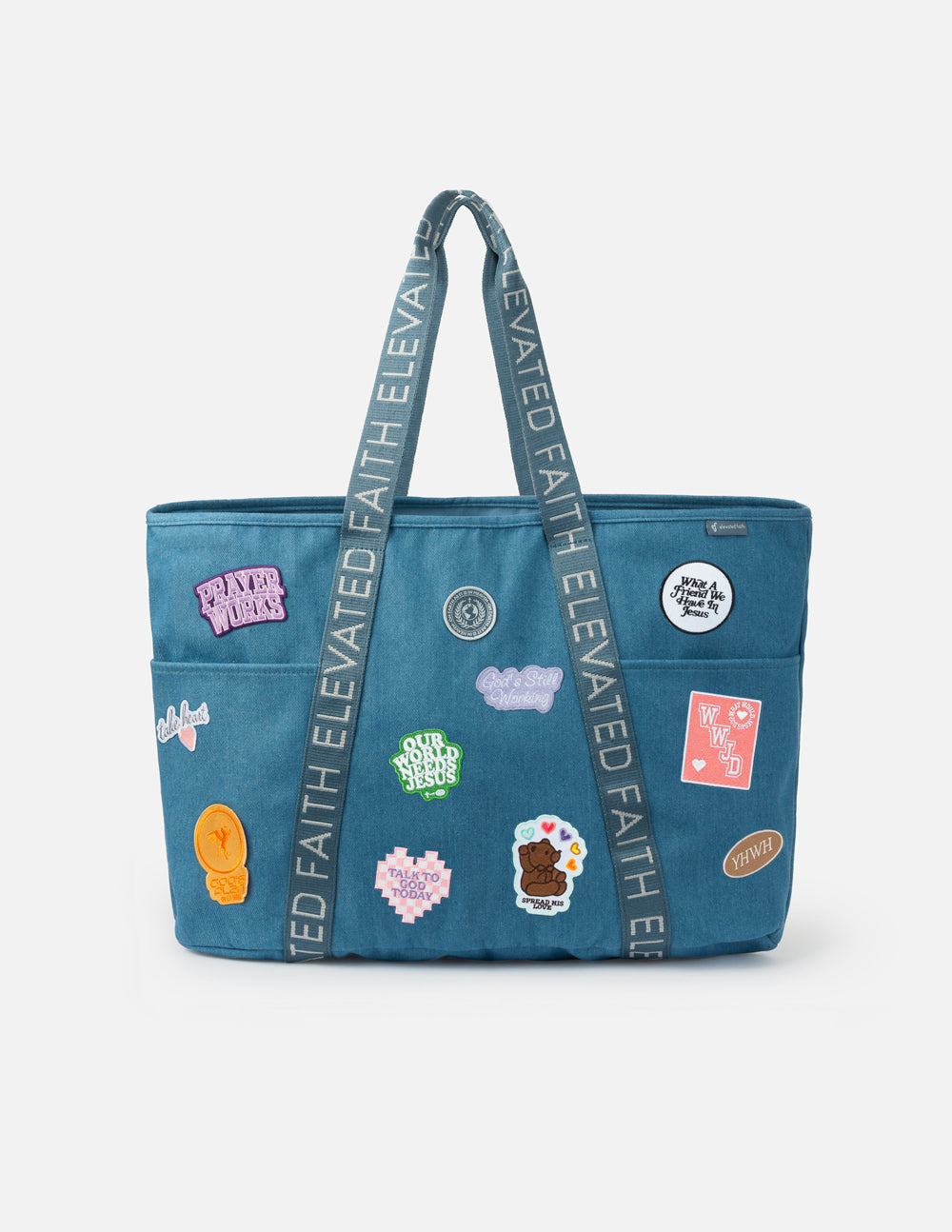 Large Everyday Denim Tote with iron-on faith-inspired patches and exterior pockets