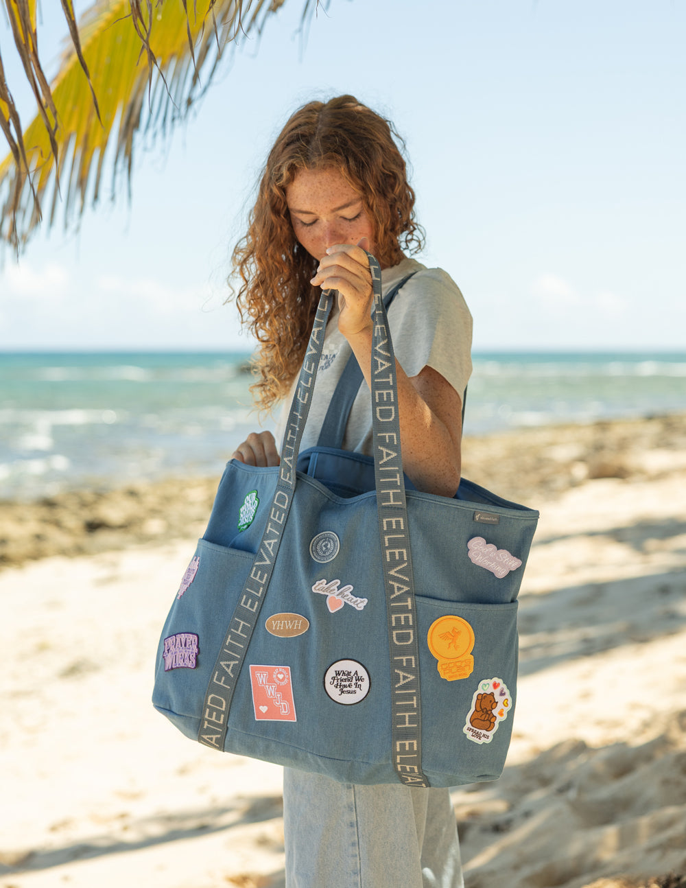 Large Everyday Denim Tote with iron-on faith-inspired patches and exterior pockets