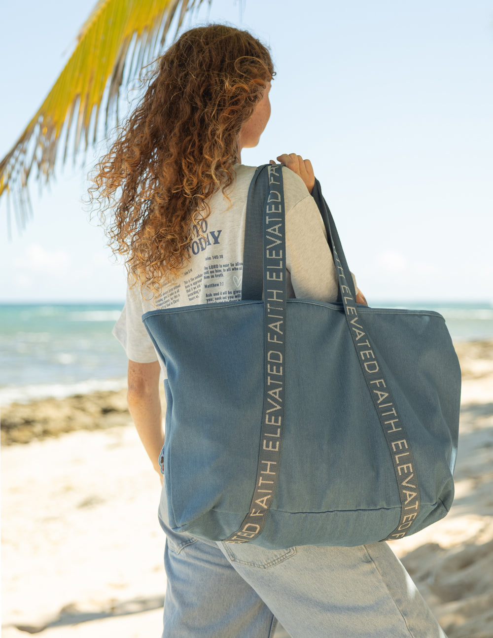 Large Everyday Denim Tote with iron-on faith-inspired patches and multiple pockets