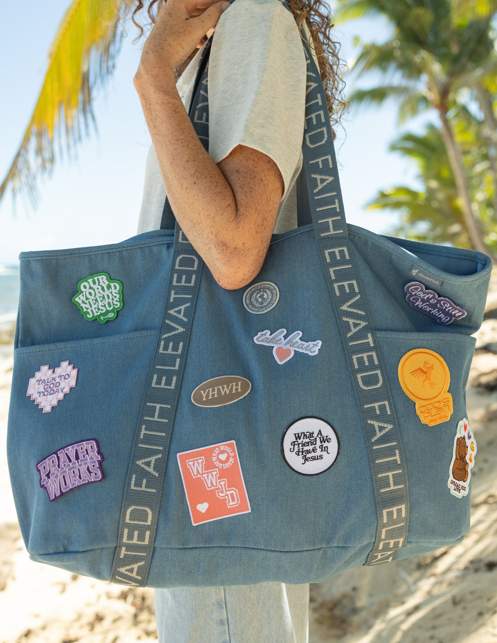 Large Everyday Denim Tote with iron-on faith-inspired patches and exterior pockets