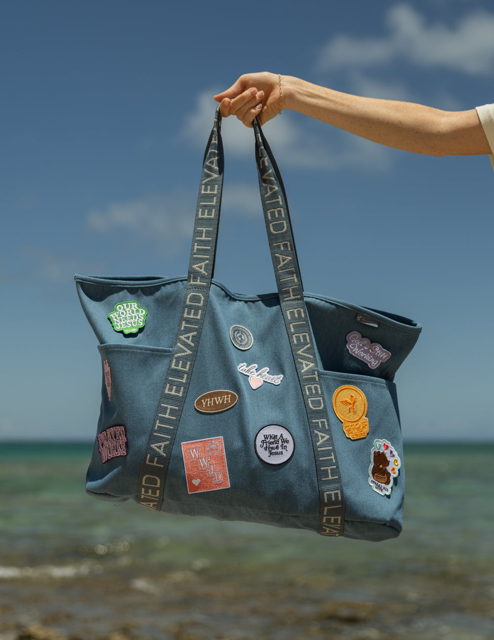 Large Everyday Denim Tote with faith-inspired iron-on patches and exterior pockets