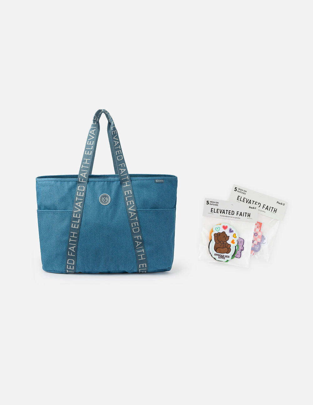 Large Everyday Denim Tote bag with iron-on faith-inspired patches and exterior pockets