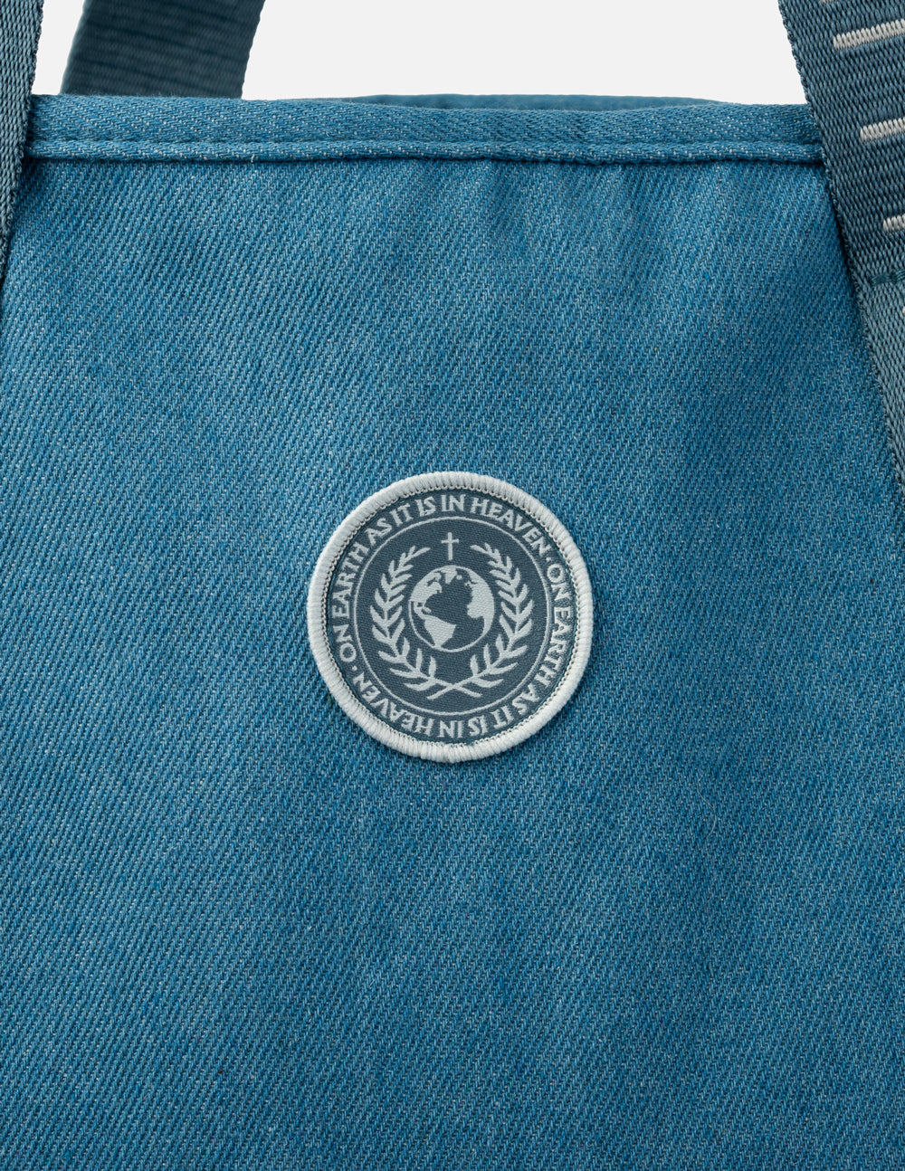 Large Everyday Denim Tote with Heaven on Earth patch and iron-on patch packs