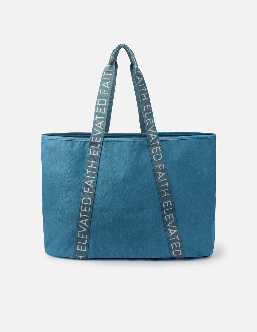 Large Everyday Denim Tote with iron-on faith-inspired patches and exterior pockets