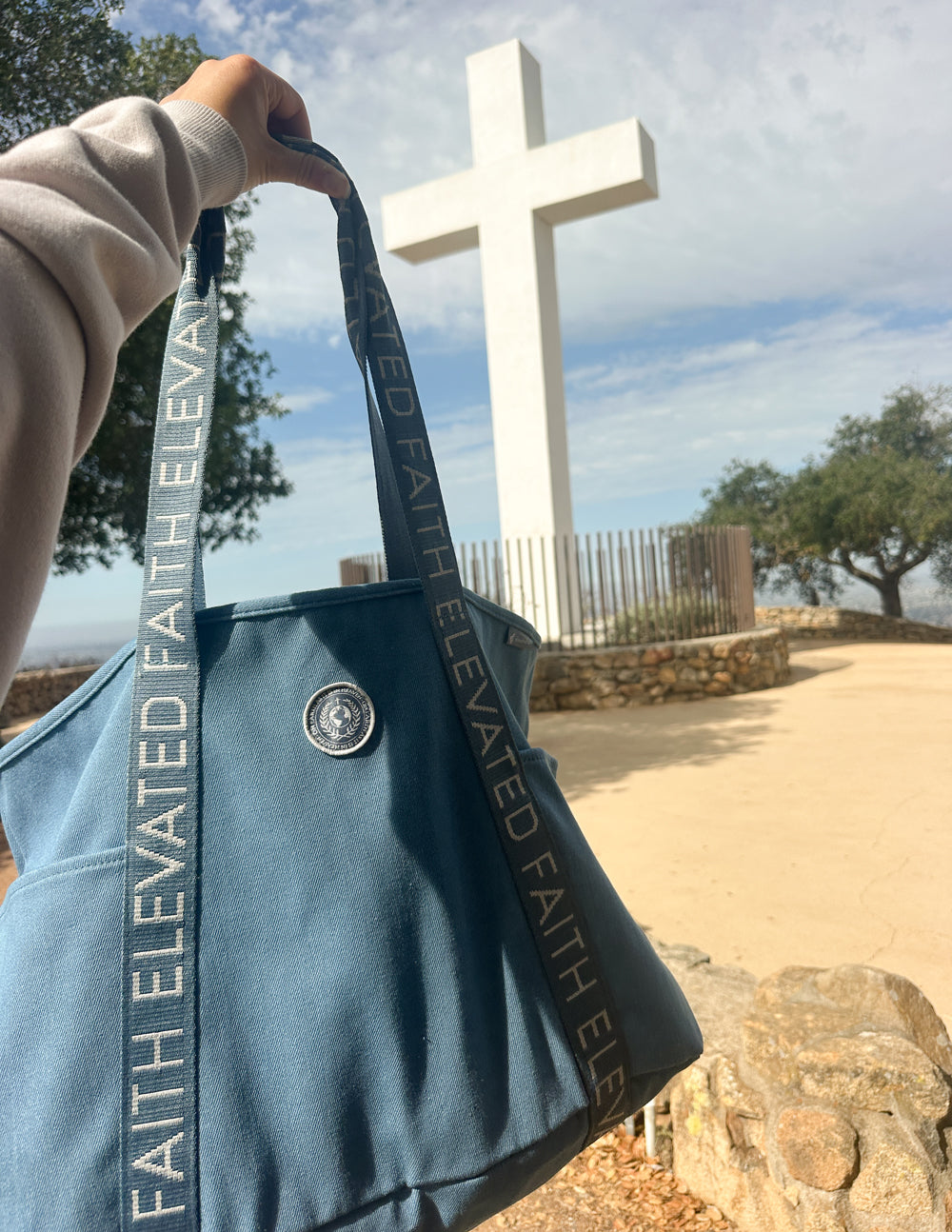 Large Everyday Denim Tote with faith-inspired iron-on patches and multiple pockets