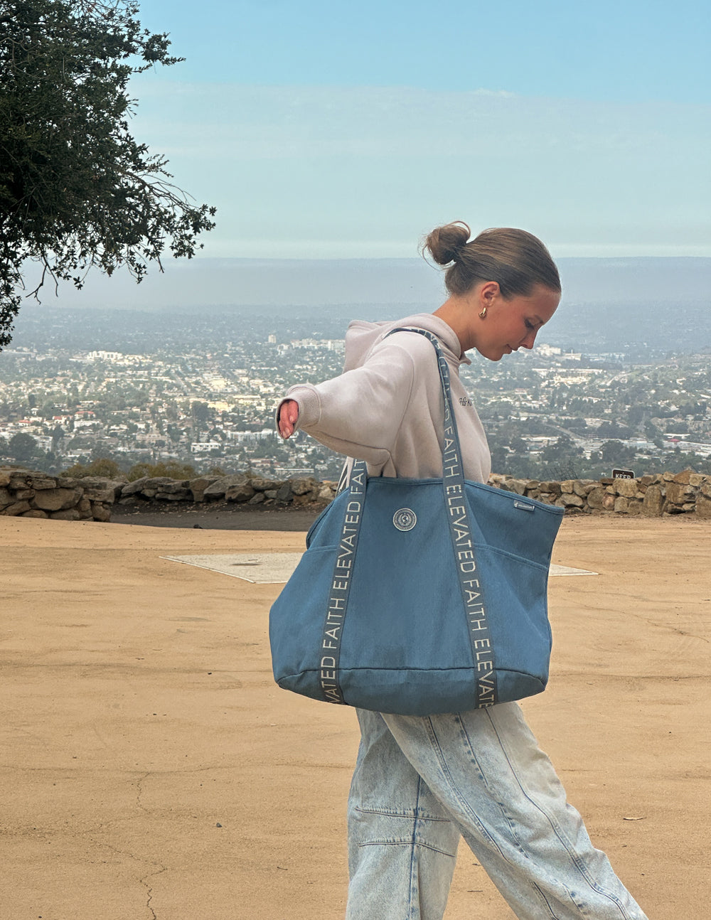 Large Everyday Denim Tote with iron-on faith-inspired patches and exterior pockets