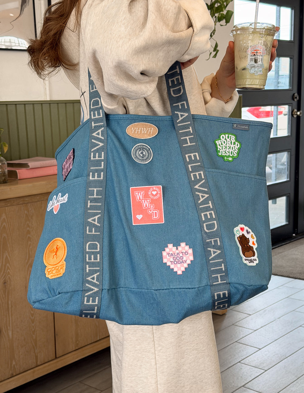 Large Everyday Denim Tote bag with faith-inspired iron-on patches and multiple pockets