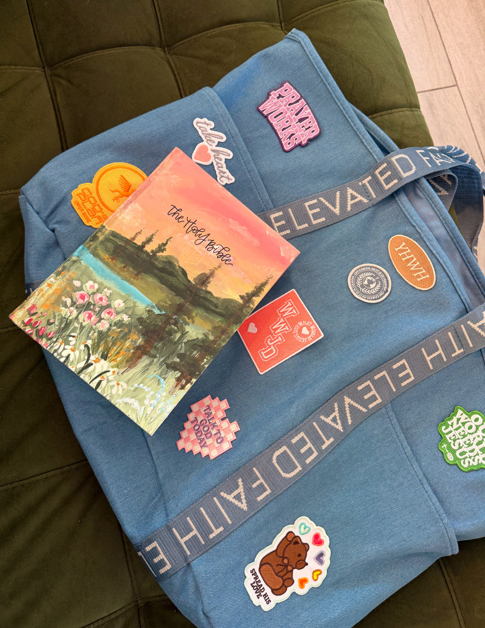 Large Everyday Denim Tote with faith-inspired iron-on patches and multiple pockets