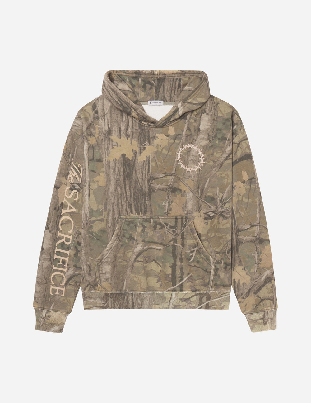 Unisex forest camo hoodie with 1 Corinthians 15:55 scripture, relaxed fit, garment dyed, super soft fabric