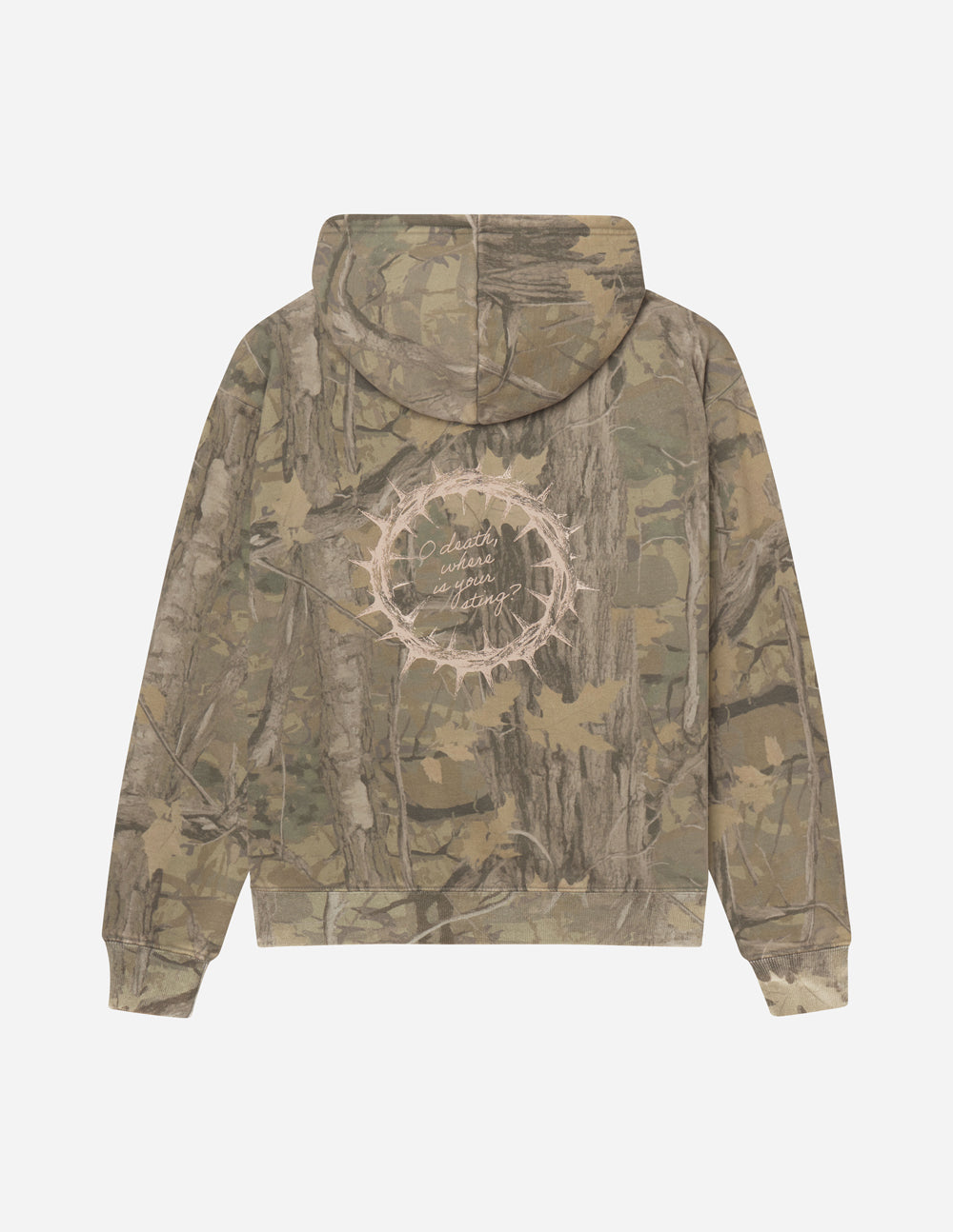 Unisex forest camo hoodie with 1 Corinthians 15:55 scripture print, relaxed fit, garment dyed and super soft