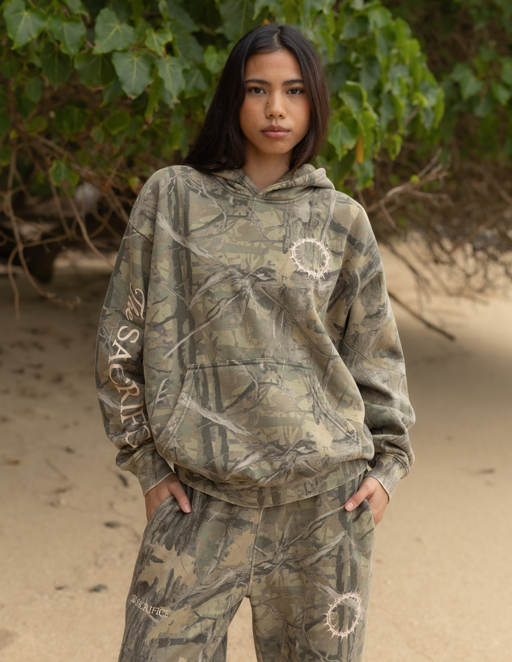 Forest camo The Sacrifice Camo Hoodie with 1 Corinthians 15:55 verse, unisex relaxed fit hoodie