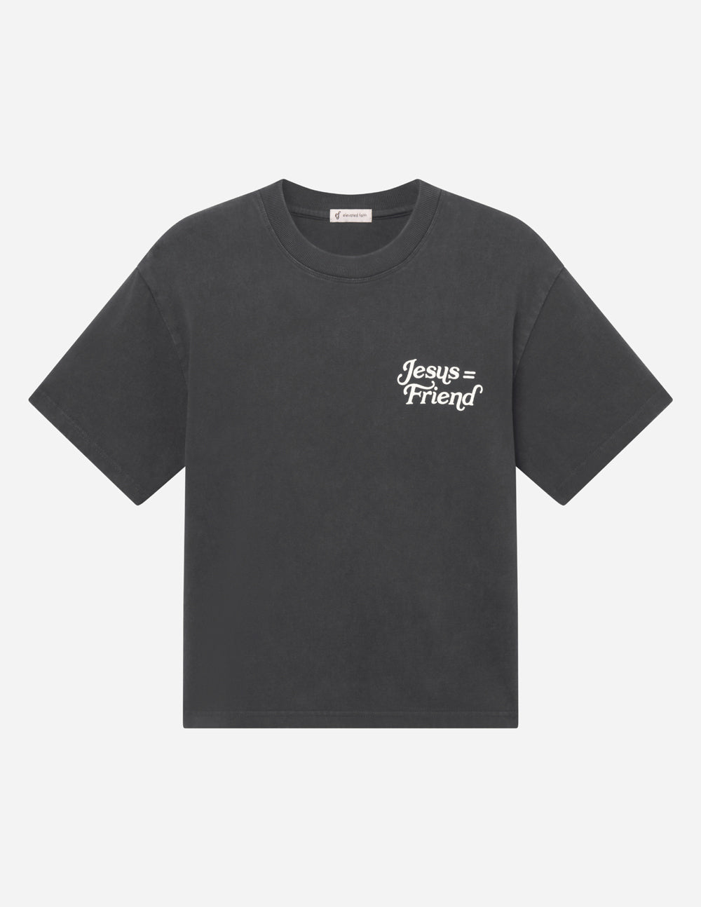 Black heavyweight cotton tee with "What a Friend in Jesus" biblical quote, modern relaxed fit, model wearing medium size
