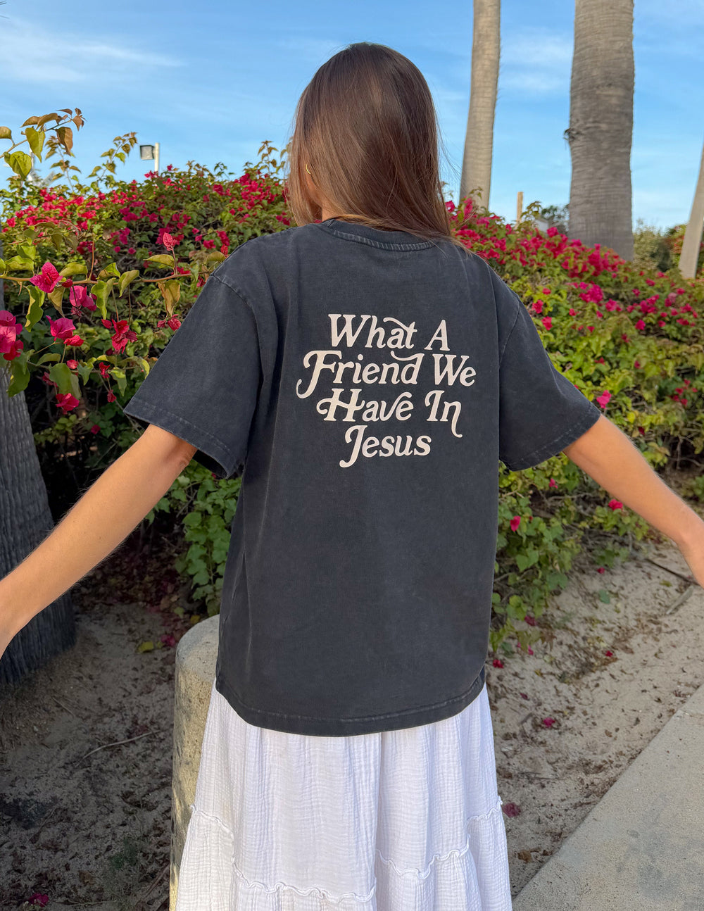 Black heavyweight cotton t-shirt with "What a Friend in Jesus" scripture design and modern relaxed fit
