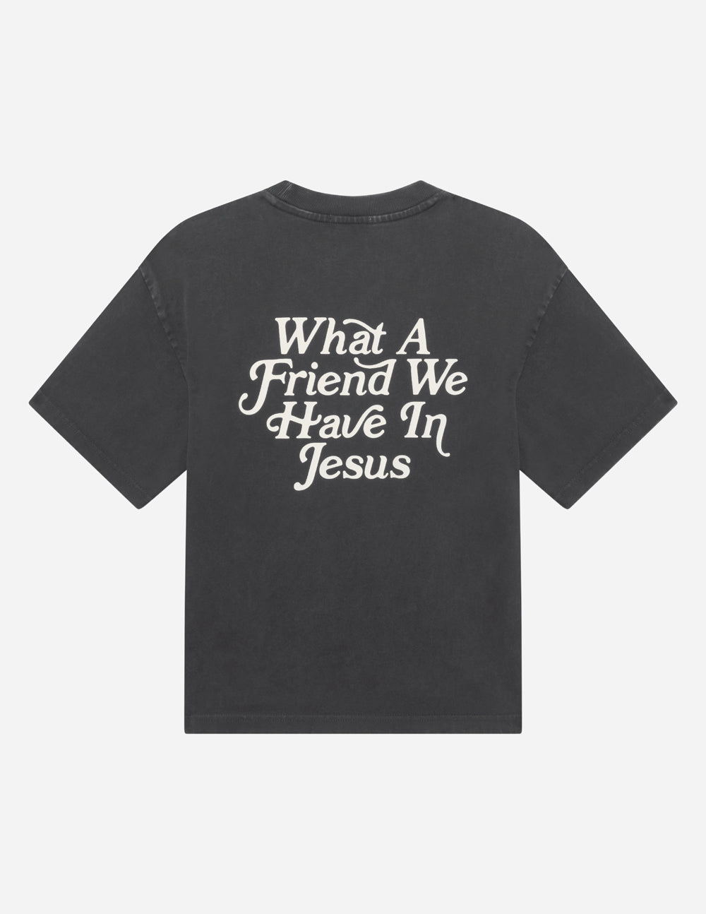 Black heavyweight cotton tee with "What a Friend in Jesus" text and John 15:15 quote, modern relaxed fit
