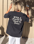 Black heavyweight cotton t-shirt with "What a Friend in Jesus" text and John 15:15 Bible verse in modern relaxed fit