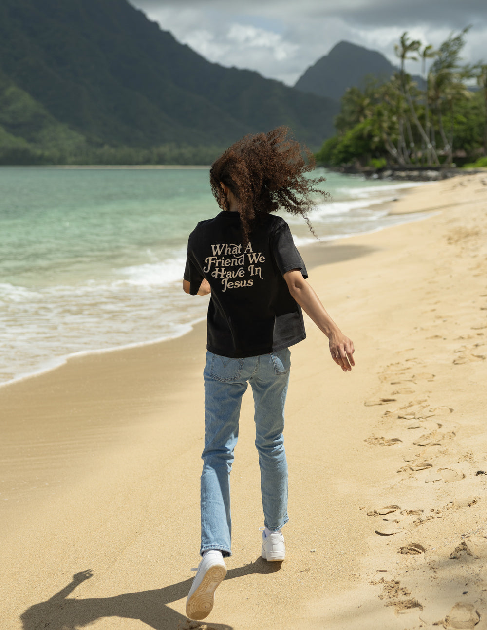 Black heavyweight cotton tee with "What a Friend in Jesus" and John 15:15 quote, modern relaxed fit