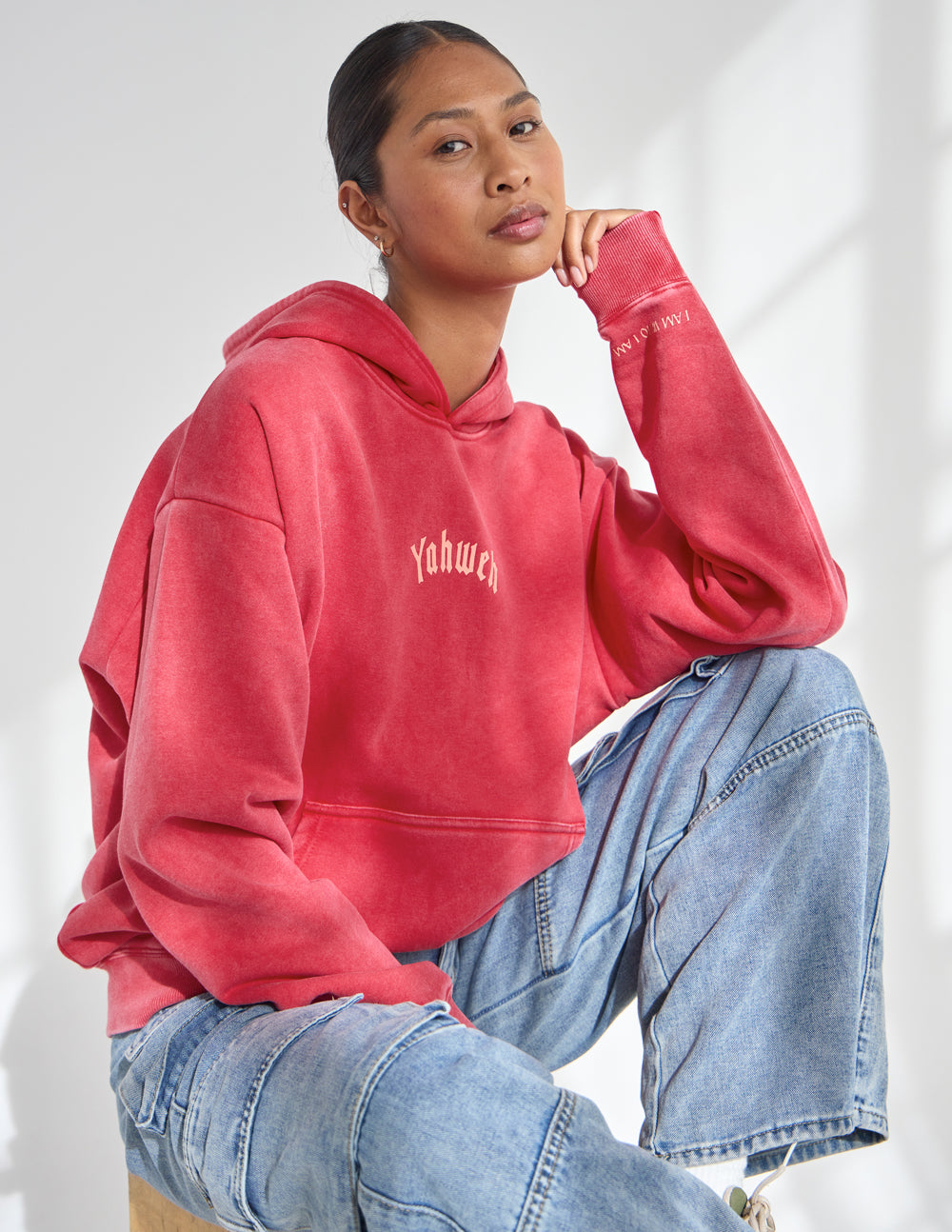 Yahweh unisex hoodie in ribbon red with Exodus 3:14 scripture, relaxed fit, 70% cotton and 30% polyester blend