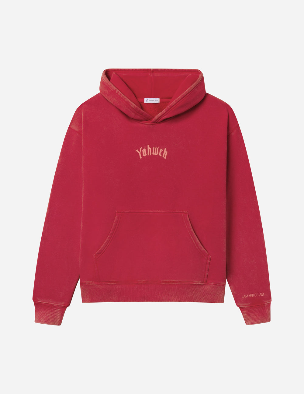 Yahweh unisex hoodie in ribbon red with Exodus 3:14 quote, relaxed fit, 70% cotton and 30% polyester