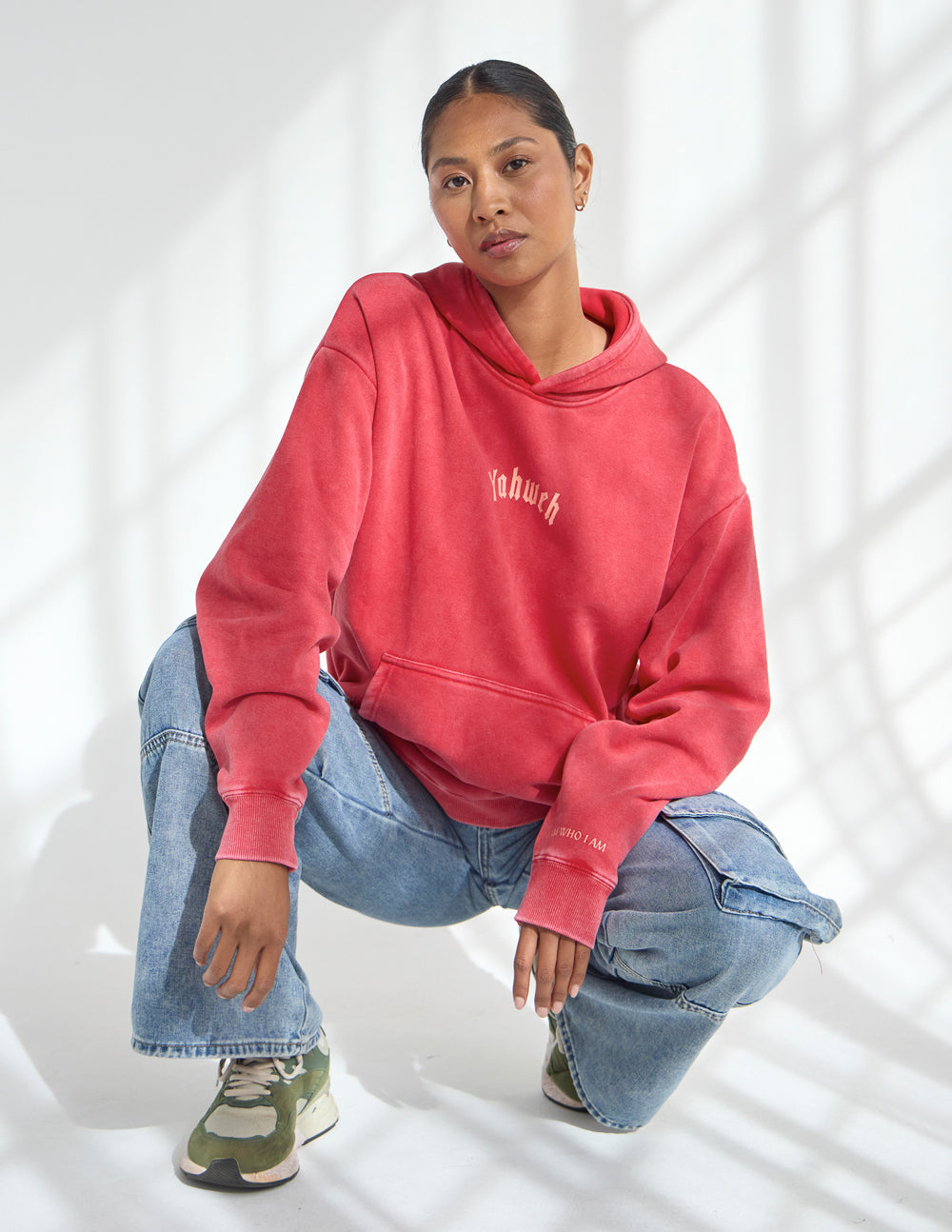 Ribbon Red Yahweh unisex hoodie with Exodus 3:14 scripture, relaxed fit on 5'10" model
