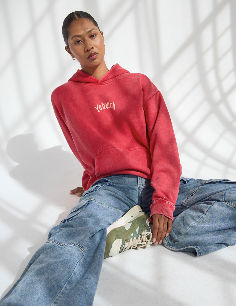 Ribbon Red Yahweh unisex hoodie with relaxed fit and Exodus 3:14 scripture text