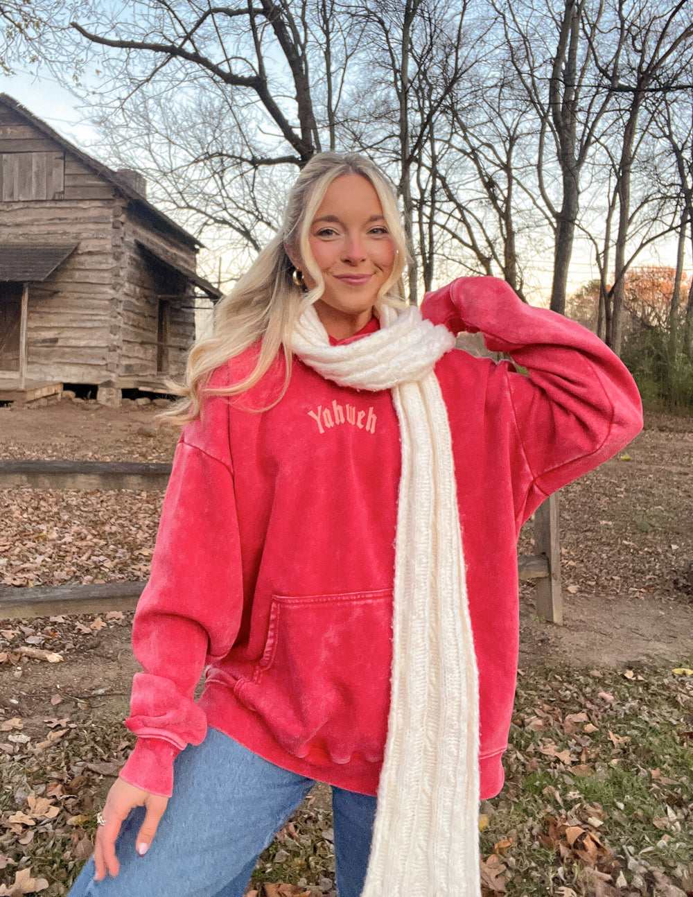 Yahweh Unisex Hoodie in ribbon red with relaxed fit and Exodus 3:14 scripture design