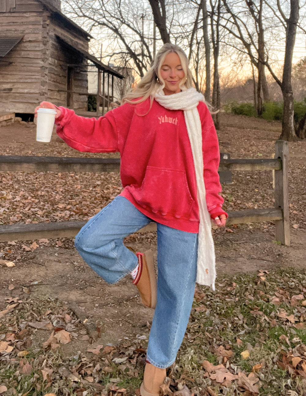 Ribbon Red Yahweh unisex hoodie with Exodus 3:14 quote, relaxed fit on 5'10" model