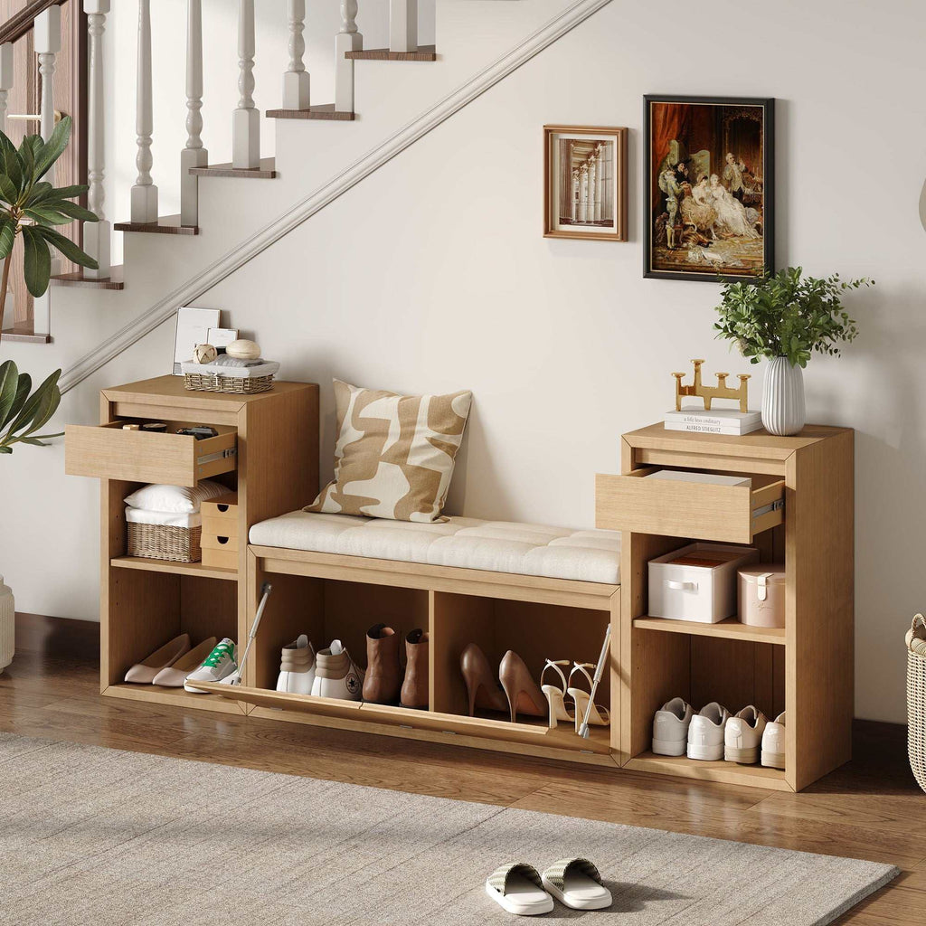 Brown entryway storage bench with cushion, drawers, and open shelves for organized storage and seating