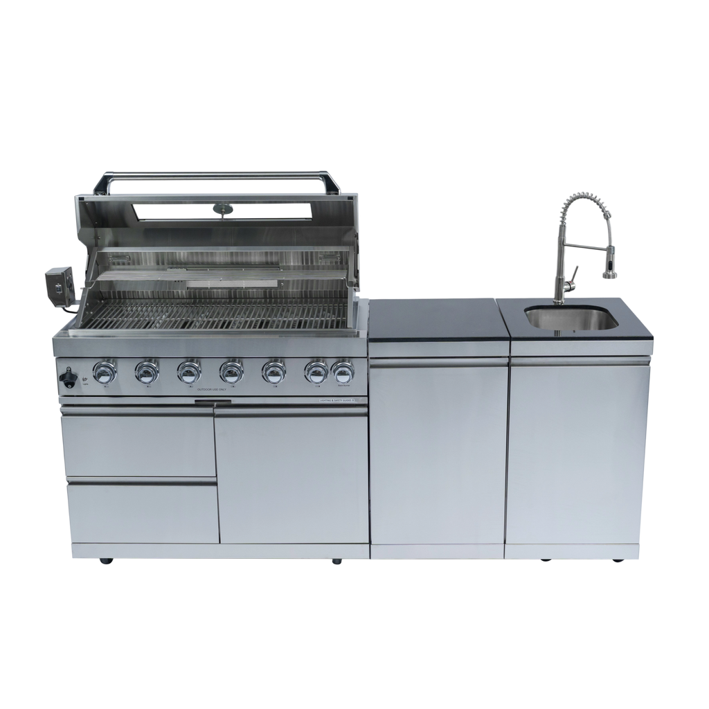 82" 6-Burner 85000 BTU Silver Outdoor Kitchen Island Grill + Storage Cabinets & Drawers & Sink/Faucet