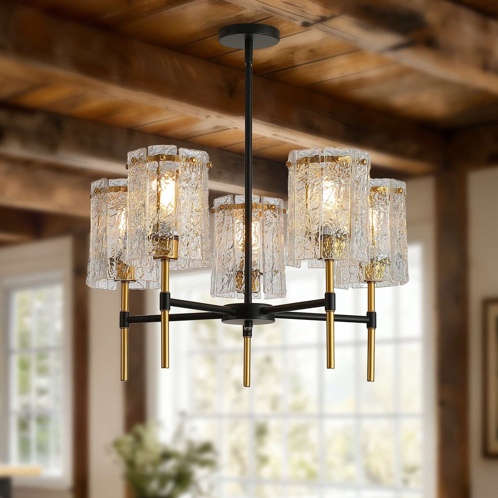 Black and gold 5 light chandelier with textured glass pendant lights for living room