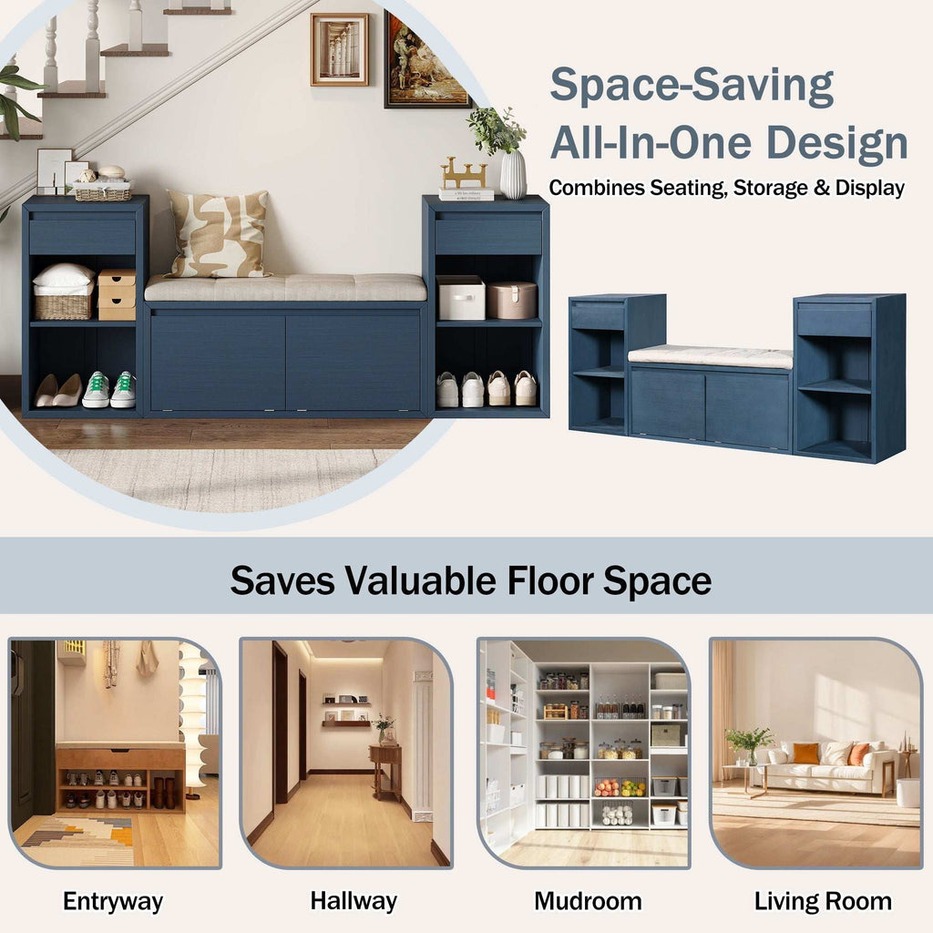 Entryway storage bench with cushion, drawers, and open shelves in multiple finishes