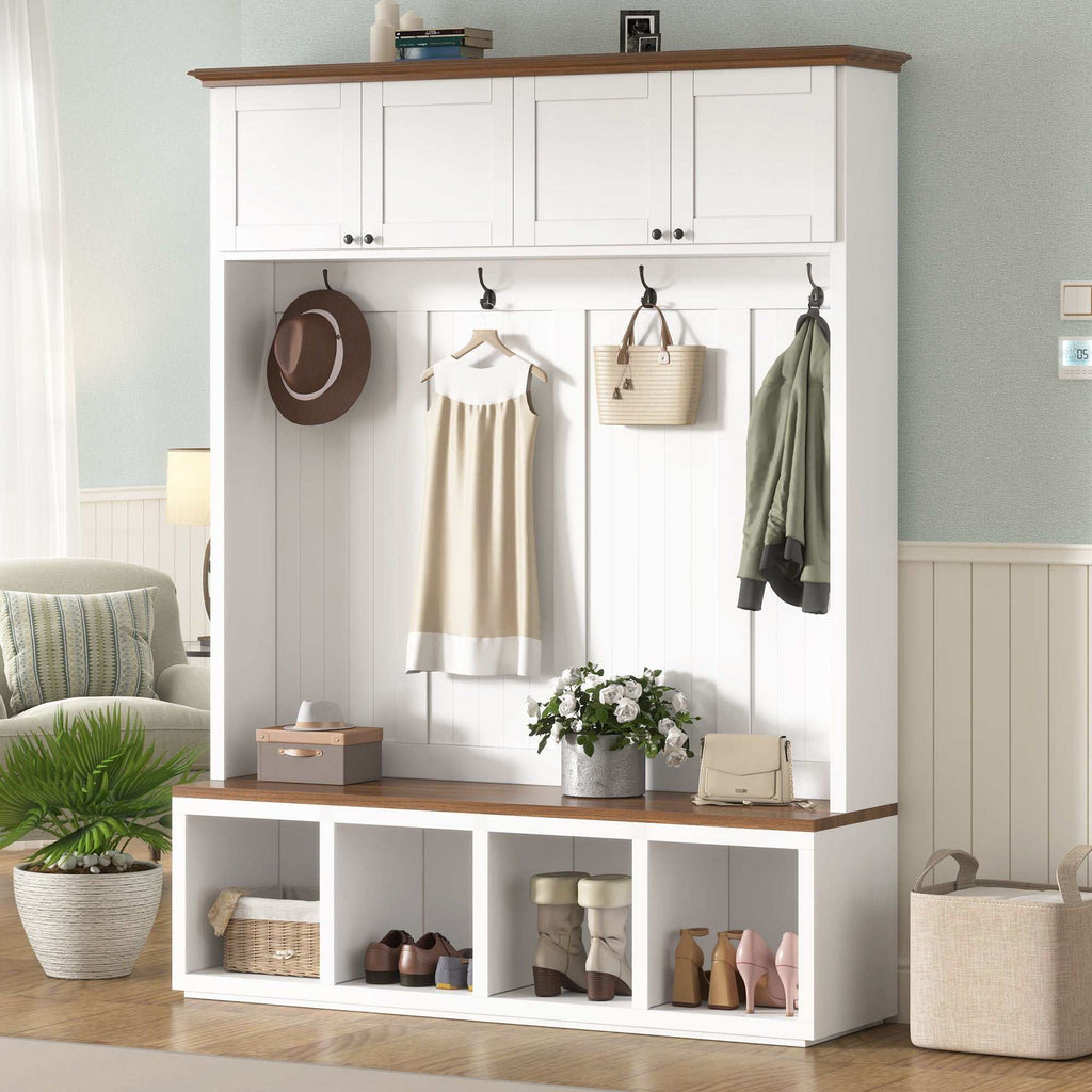 Black entryway hall tree with wood-grain bench, hooks, cabinets, and shoe storage shelves