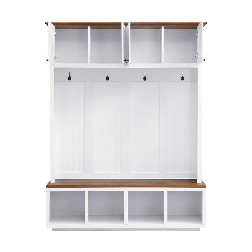 Entryway hall tree with wood-grain bench, black frame, storage cabinets, shelves, and coat hooks.