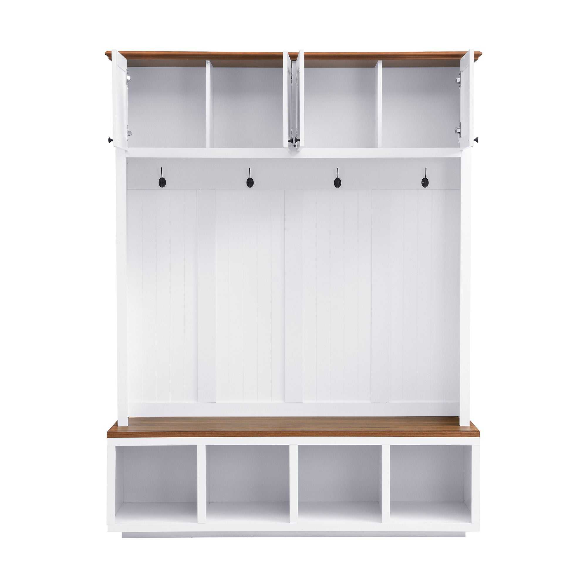 Entryway hall tree with wood-grain bench, black frame, storage cabinets, shelves, and coat hooks.