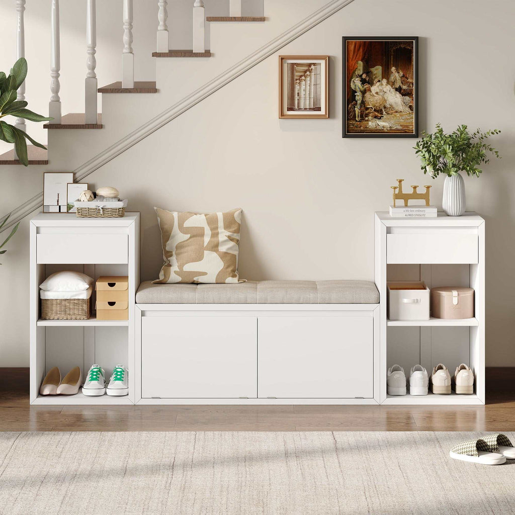 Entryway storage bench with cushion, drawers, and open shelves in multiple finishes