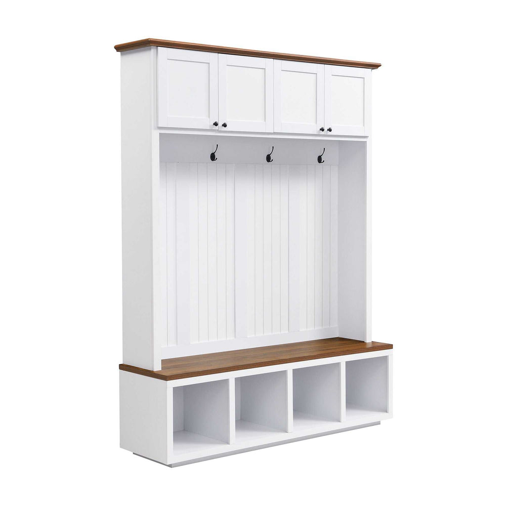 Modern entryway hall tree with wood-grain bench, storage cabinets, hooks, and shoe shelves in black and white finishes