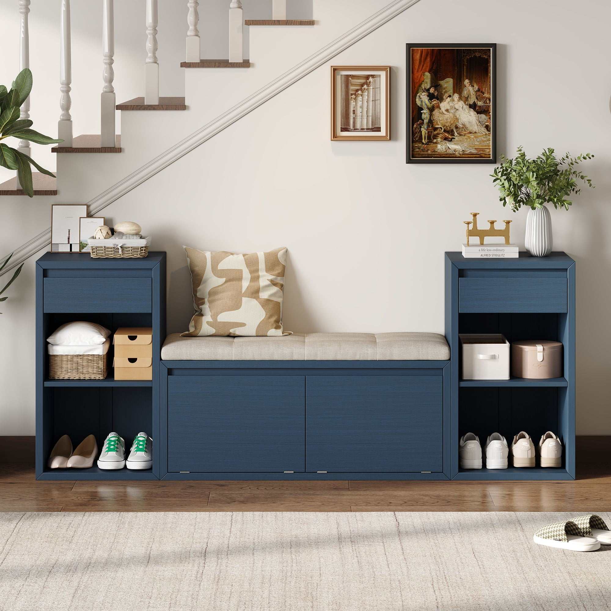 Entryway storage bench with cushion, drawers, and open shelves in multiple colors for organized small spaces