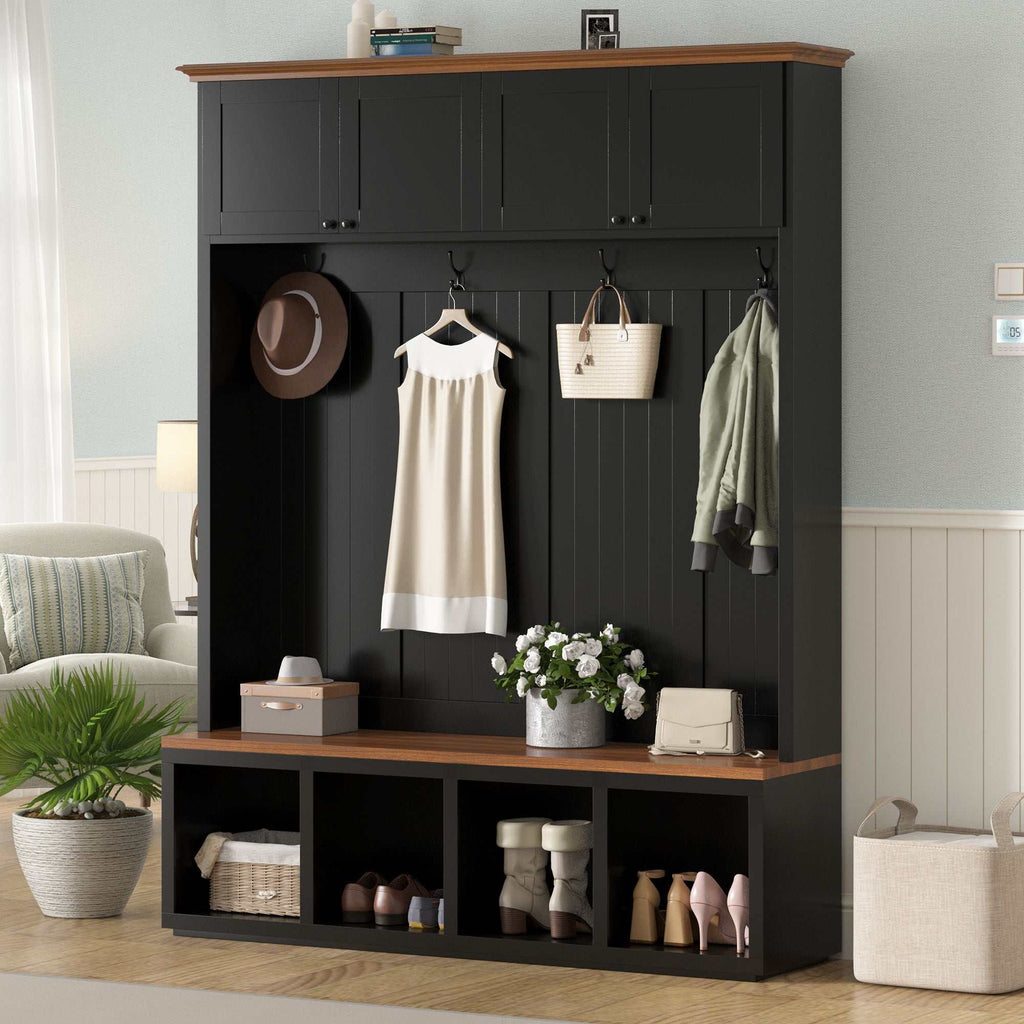 Modern entryway hall tree with wood-grain bench, storage cabinets, and coat hooks in black and white options