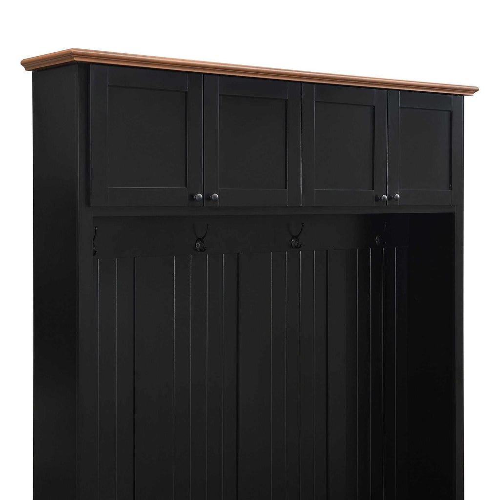 Modern entryway hall tree with wood-grain bench, storage cabinets, hooks, and coat racks in black and white options