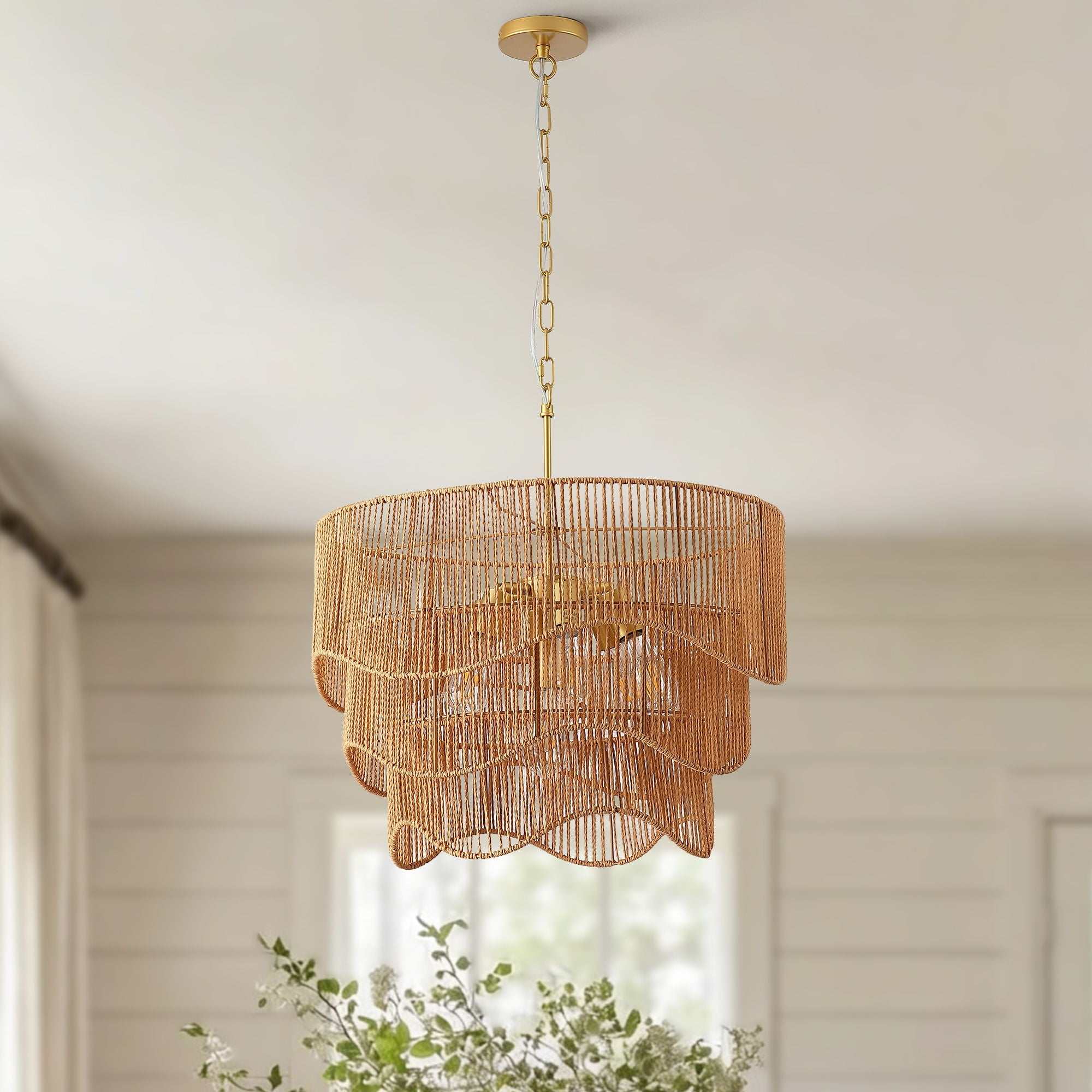 Gold boho chandelier with 7 E26 lights and adjustable height wave design