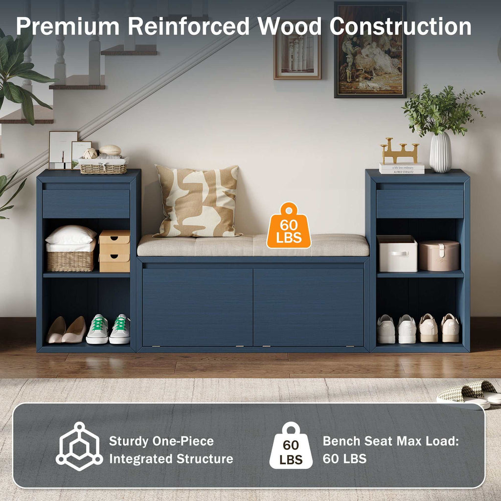 Entryway storage bench with cushion, drawers, and open shelves in multi-zone design for organized small spaces