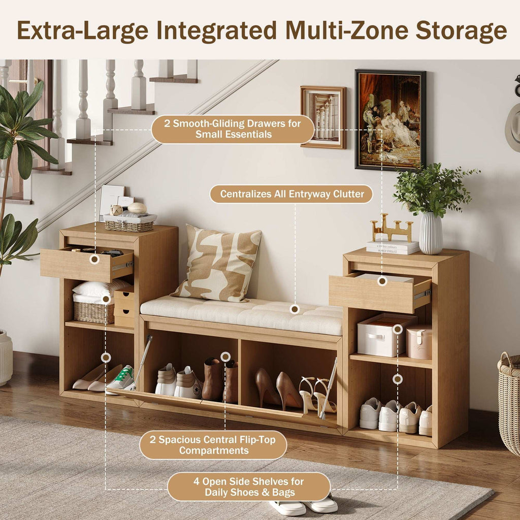 Entryway storage bench with cushion, drawers, and open shelves in brown wood finish