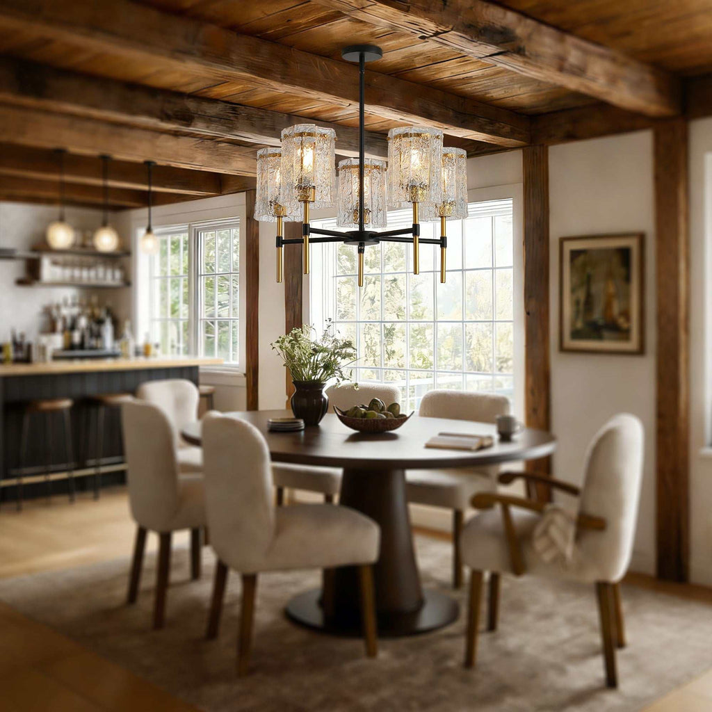 5 light chandelier with black iron frame, gold accents, and textured water-ripple glass pendants for living room lighting