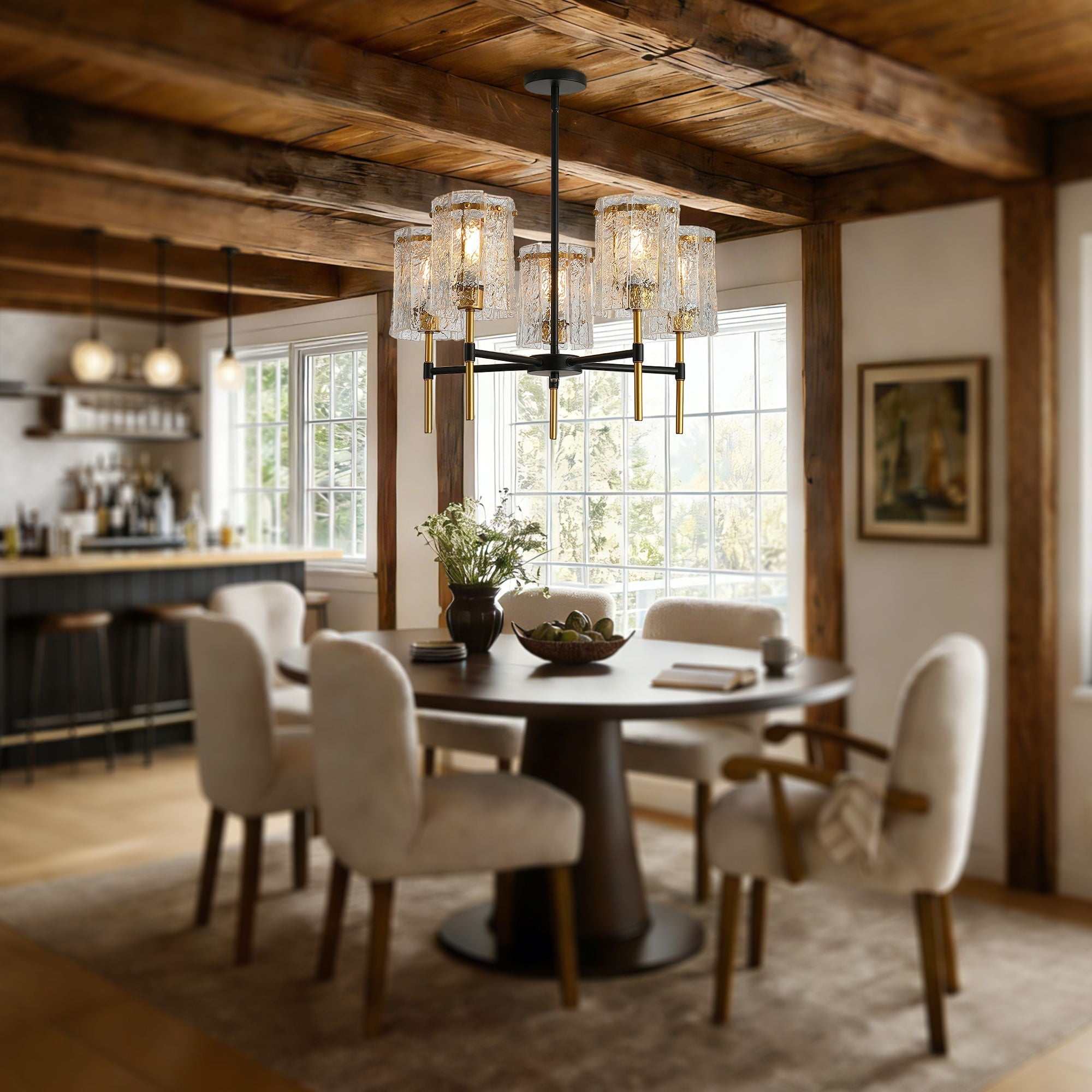 5 light chandelier with black iron frame, gold accents, and textured water-ripple glass pendants for living room lighting