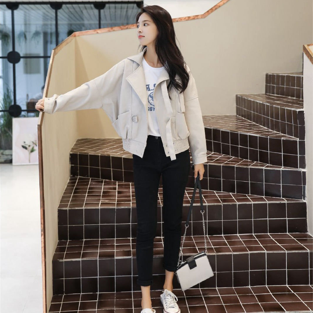Leather Clothing All-match Beige Loose Motorcycle Jacket
