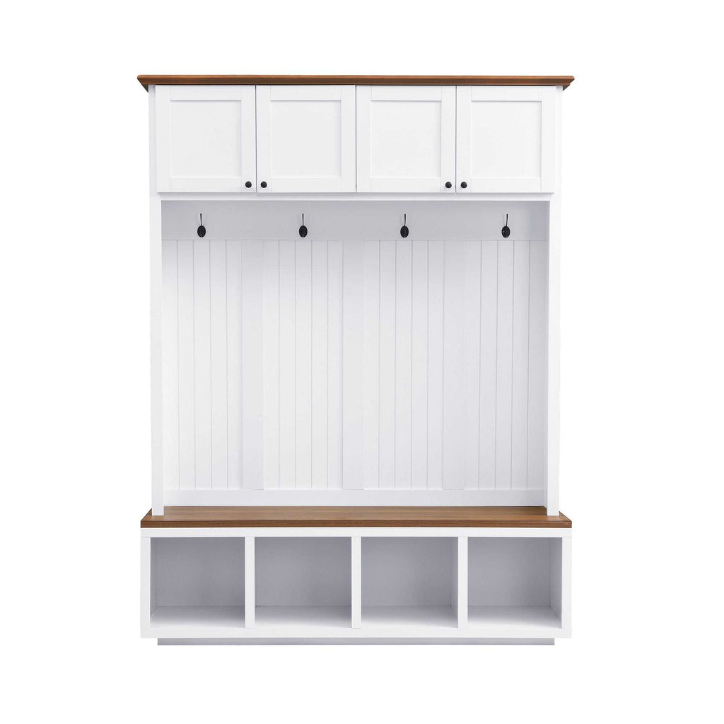 Modern entryway hall tree with wood-grain bench, storage cabinets, open shelves, and coat hooks in black and white finishes