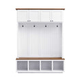 Modern entryway hall tree with wood-grain bench, storage cabinets, open shelves, and coat hooks in black and white finishes