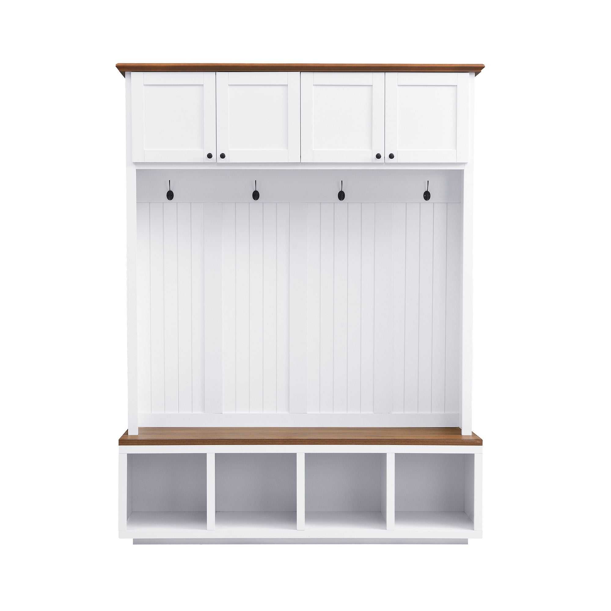 Modern entryway hall tree with wood-grain bench, storage cabinets, open shelves, and coat hooks in black and white finishes