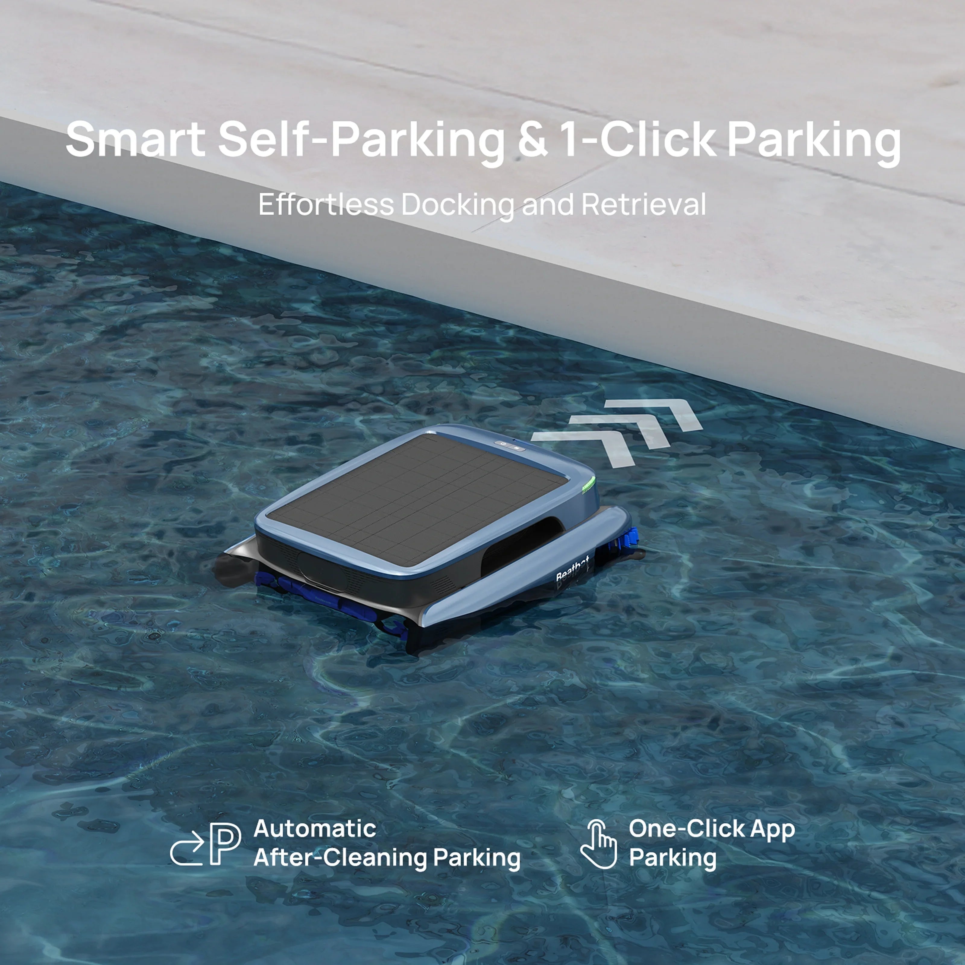 Beatbot iSkim Ultra robotic pool skimmer cleaning floor, walls, waterline, and surface with AI mapping and 9-motor system