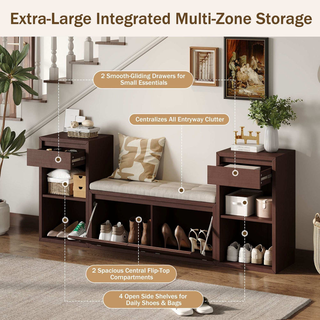 Brown entryway storage bench with cushion, drawers, and open shelves for organized seating and storage